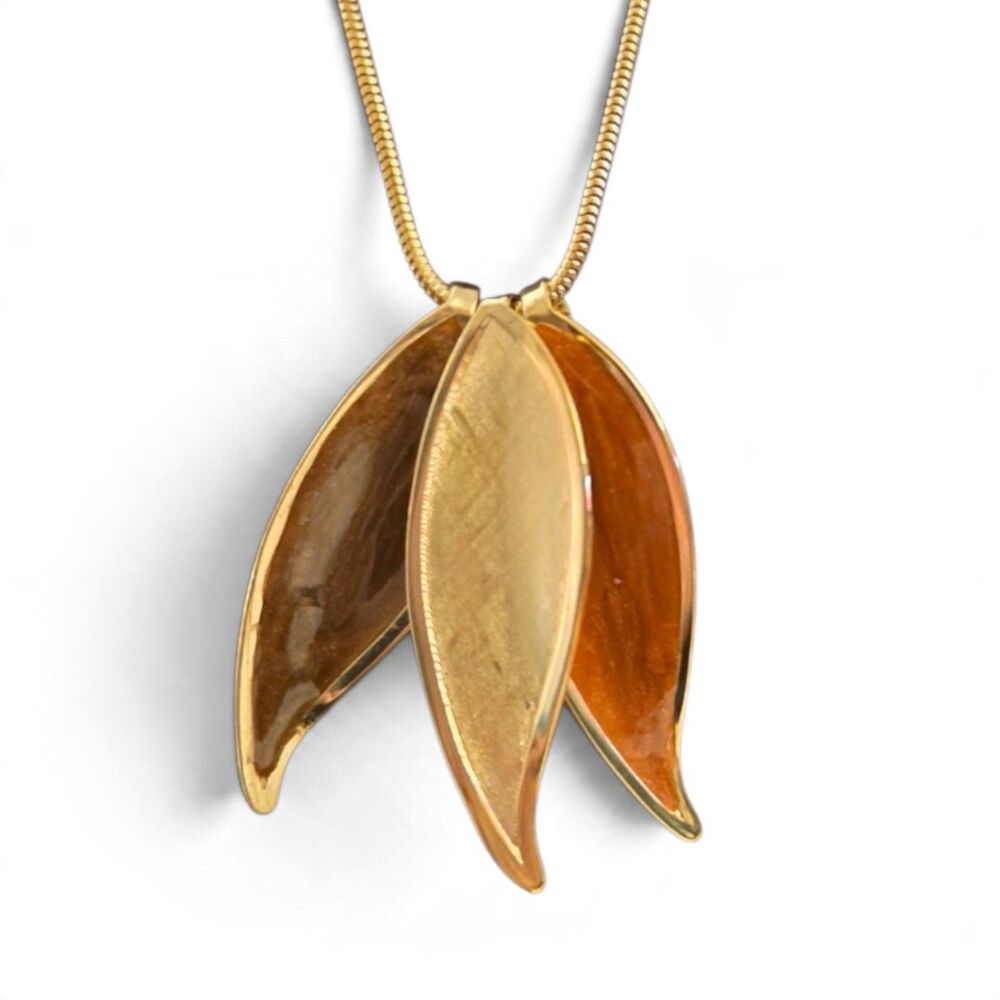 Vintage Gold Tone Tulip Flower Pendant Necklace Brown Amber Enamel Modernist